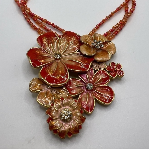 ORANGE Seed Necklace with Enamel Orange Blossoms - Picture 5 of 10
